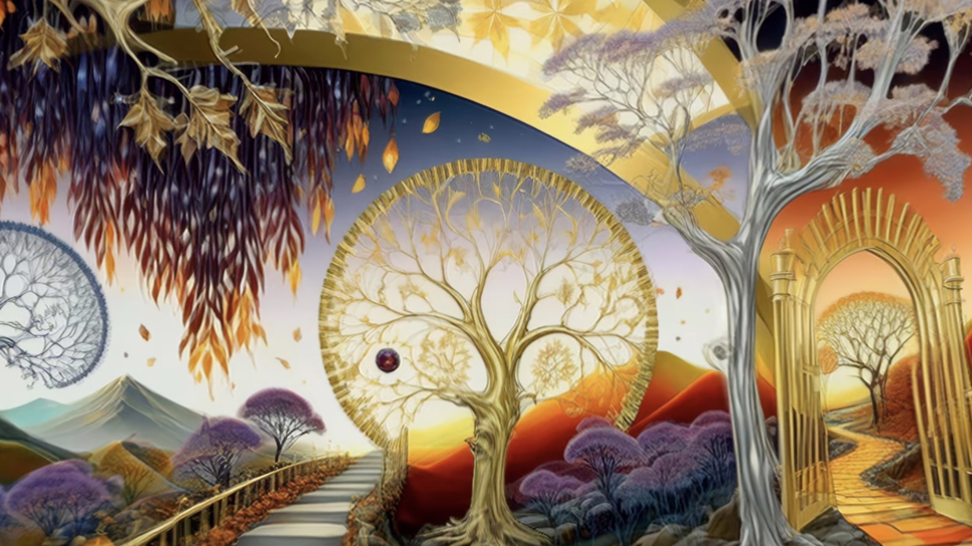 A luminous canopy of green and gold fractal lattices, a key part of this psychedelic screensaver for shrooms.